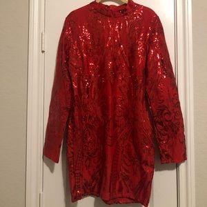 Boohoo Sequin Long Sleeve Mini Red US Size XXL